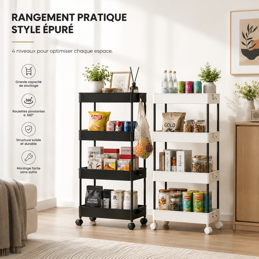 Étagère de rangement à roulettes à 4 niveaux